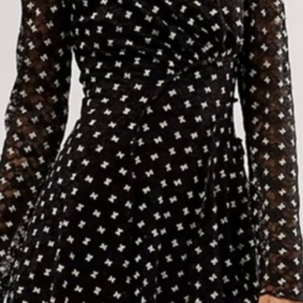 FREE PEOPLE Black and White Fit and Flare Cocktail Dress with Bishop Sleeves